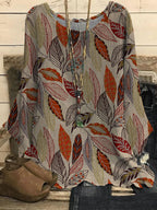 Round Neck Leaf Print Casual Loose Long-sleeved Blouse