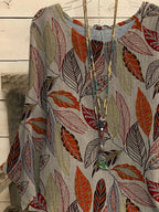 Round Neck Leaf Print Casual Loose Long-sleeved Blouse