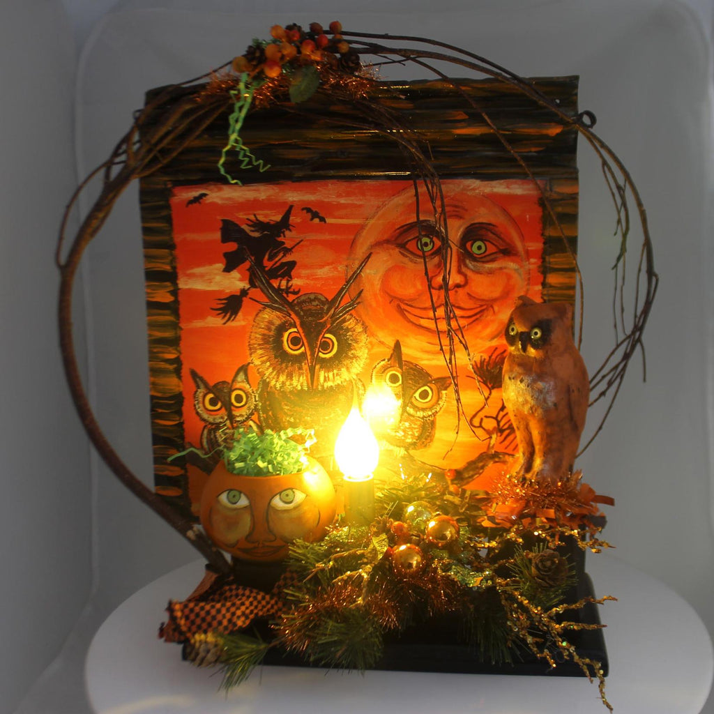 Halloween MOON AND OWL ELECTRIC FIGURINE Metal Lighted Pumpkin Grapevine Ch93