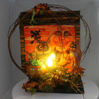 Halloween MOON AND OWL ELECTRIC FIGURINE Metal Lighted Pumpkin Grapevine Ch93