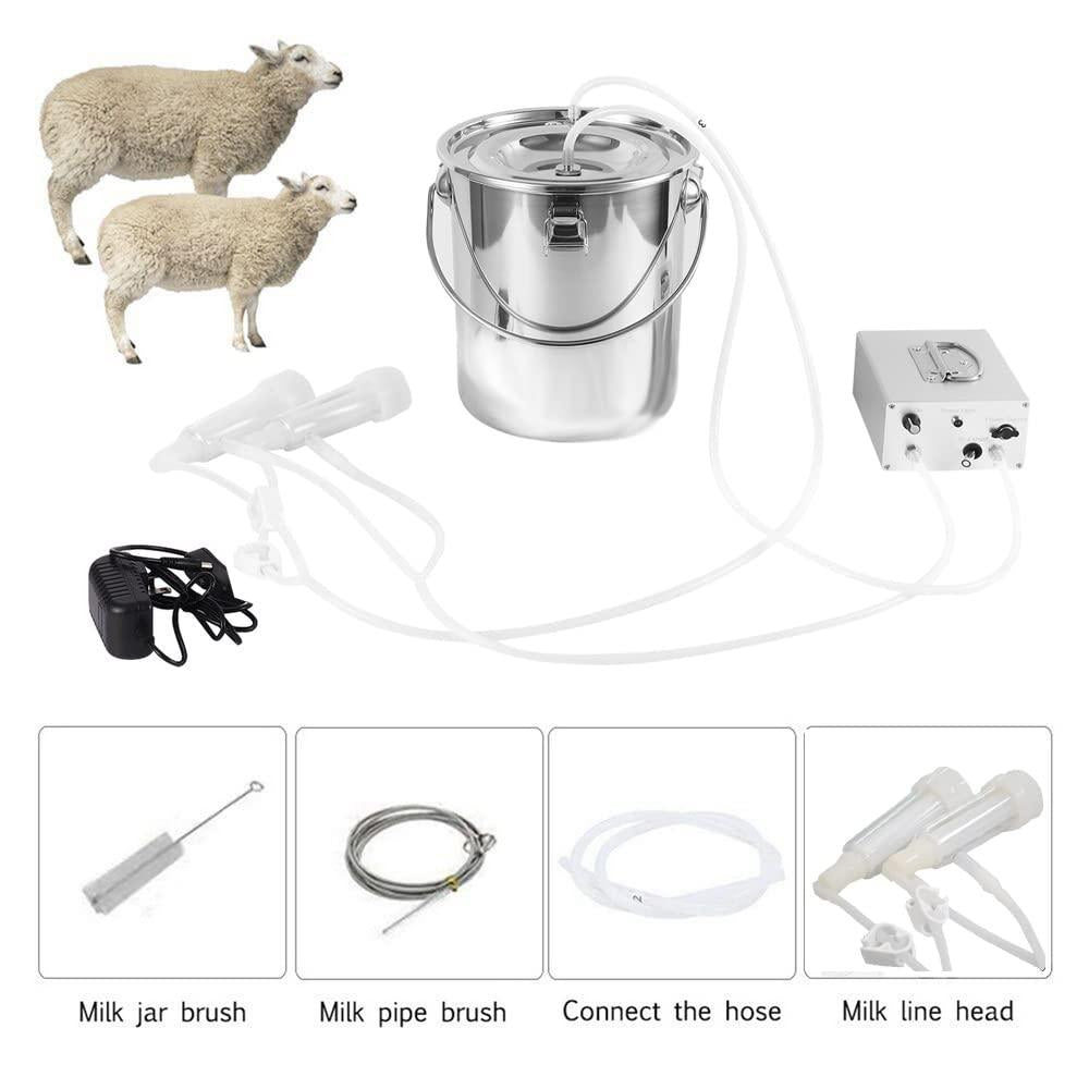 mapotad 7l goat electric milking machine, automatic rechargeable battery powered pulsation vacuum pump with 2 teat cups stainless steel bucket for goat(battery model)