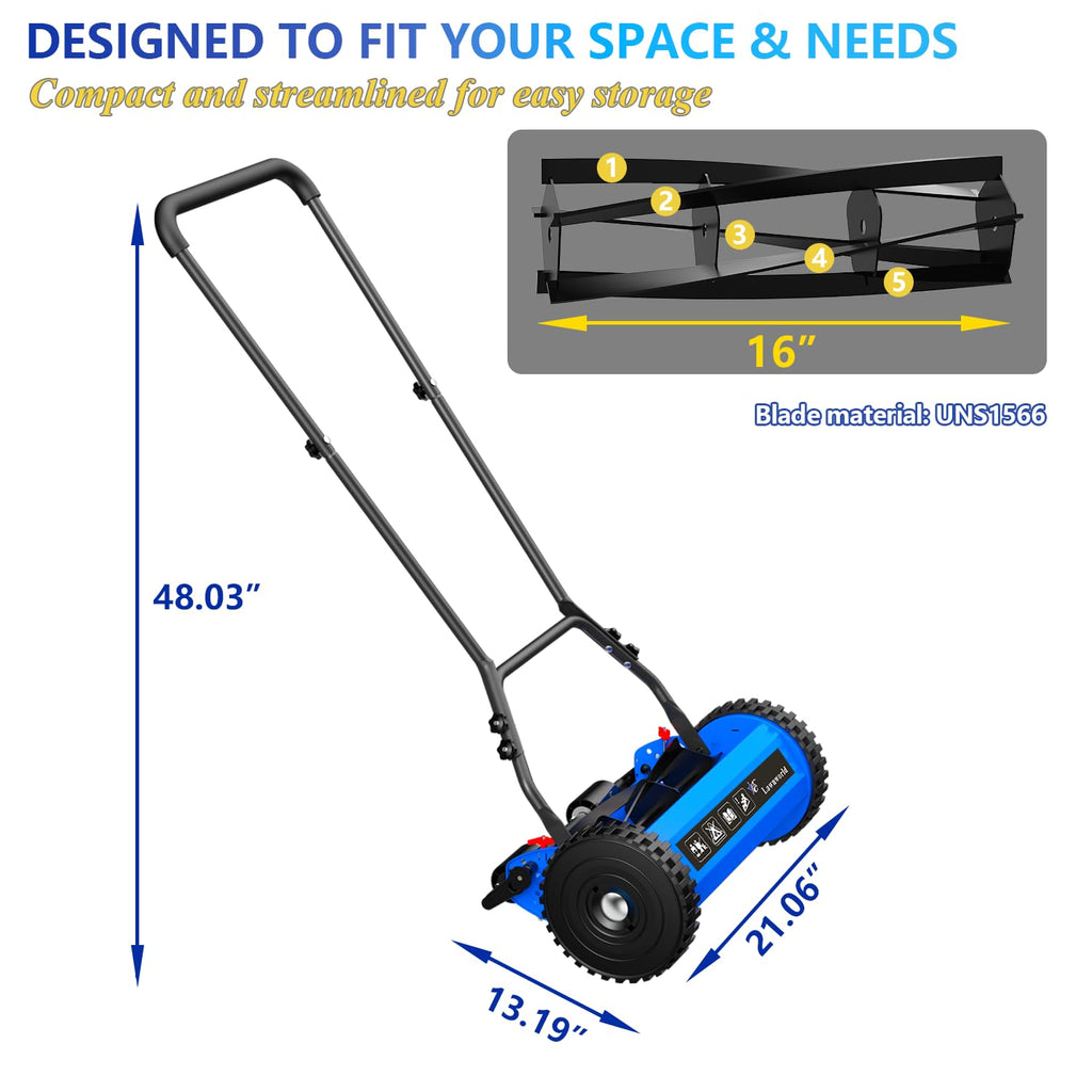 16-Inch Reel Lawn Mower with Tool-Blade Adjustment, 5-Blade Manual Push Lawn Mower, 5-Position Height Adjustable Hand Push Reel Mower