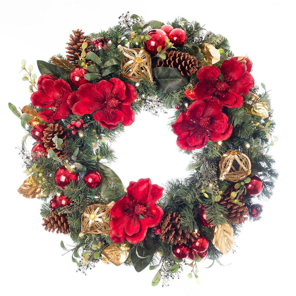 Village Lighting 30 in. Red Magnolia Pre-lit LED Wreath