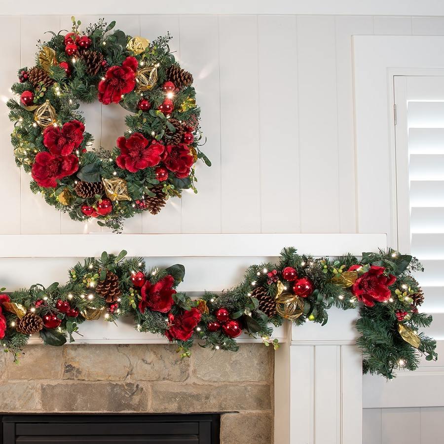Village Lighting 30 in. Red Magnolia Pre-lit LED Wreath