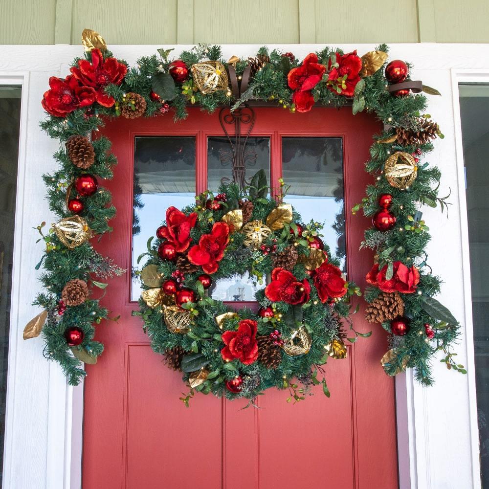 Village Lighting 30 in. Red Magnolia Pre-lit LED Wreath