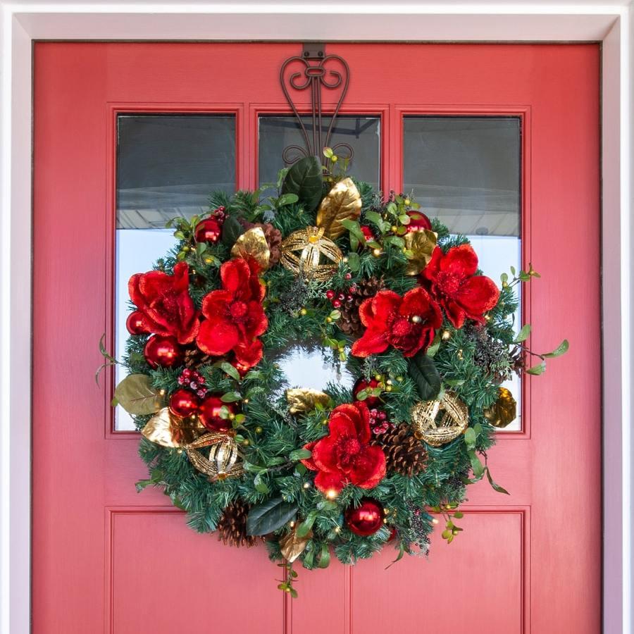 Village Lighting 30 in. Red Magnolia Pre-lit LED Wreath