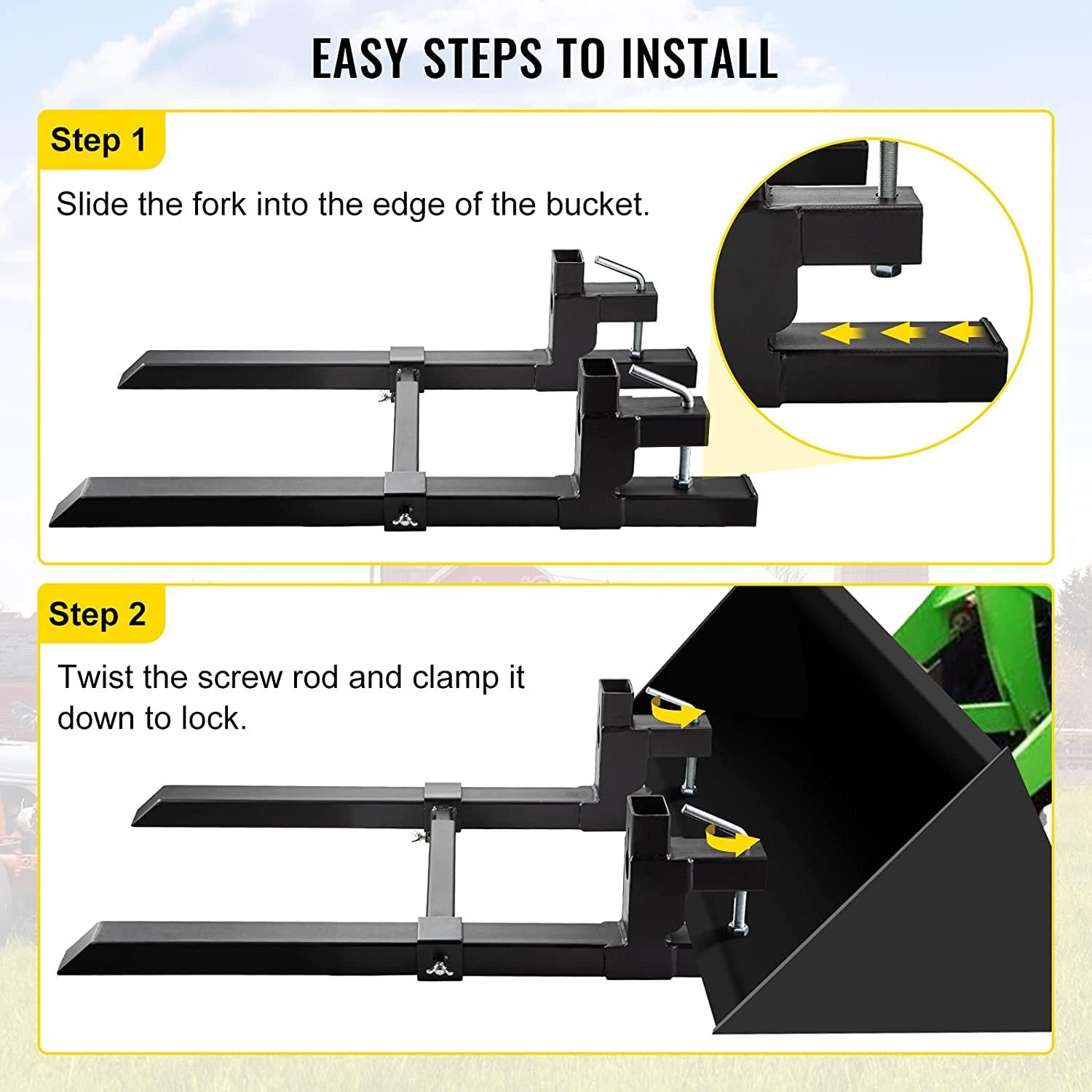 bestequip pallet forks 1500lbs capacity, tractor forks 43 inch length, clamp on bucket forks w/adjustable stabilizer bar, fork loader attachment for skid steer, tractor forks for agriculture and farm