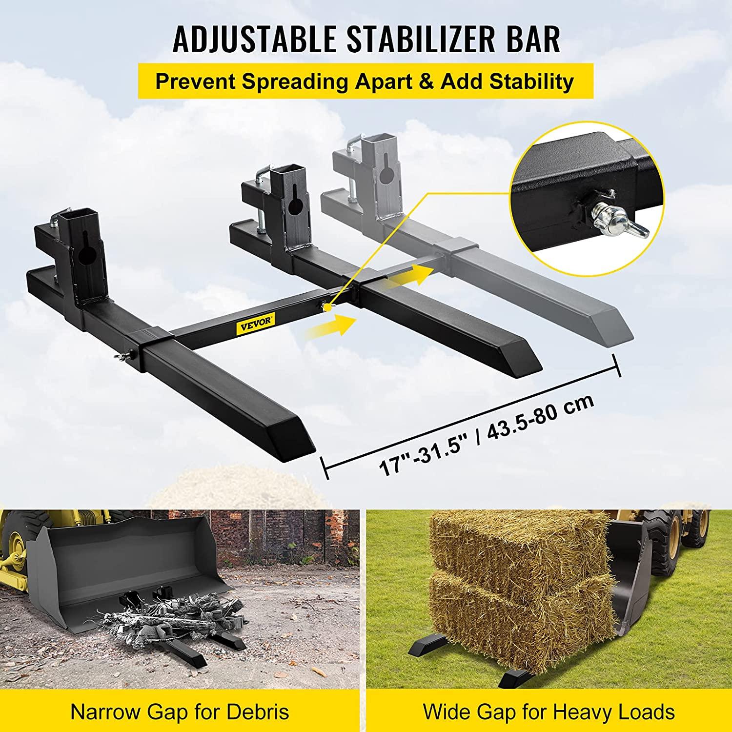 bestequip pallet forks 1500lbs capacity, tractor forks 43 inch length, clamp on bucket forks w/adjustable stabilizer bar, fork loader attachment for skid steer, tractor forks for agriculture and farm