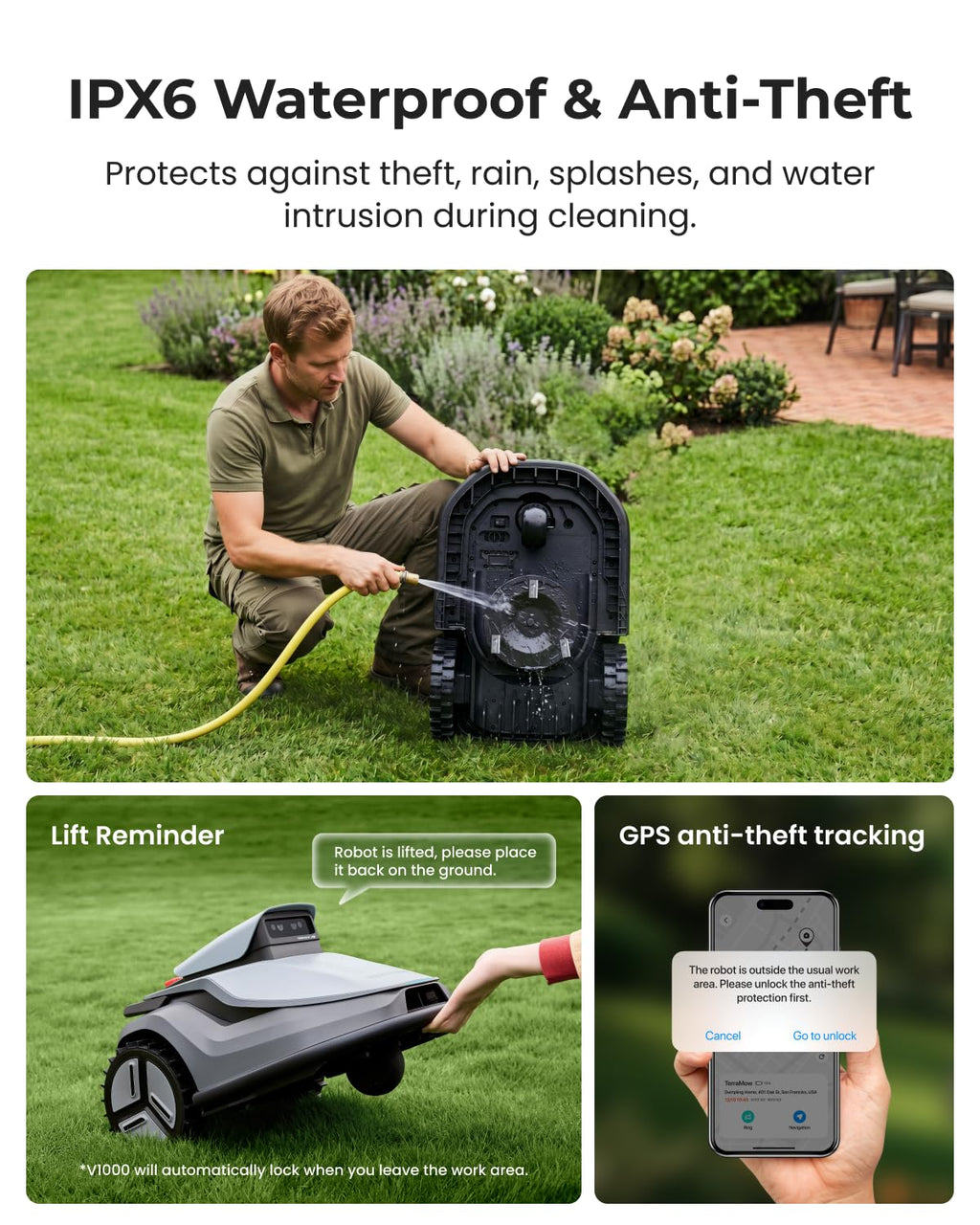 V1000 Robot Lawn Mower with Garage, Max 0.3 Acre, No Wire/RTK, Auto Mapping | Triple-CamAI Vision Navigation and Obstacle Avoidance, Smart App Control, Multi-Zone Management for Complex Gardens