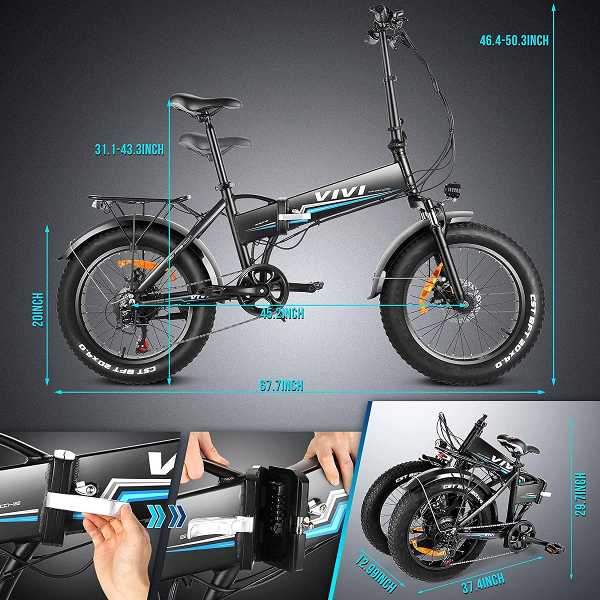 VIVI 500W Folding Ebike, 204.0 Inch Fat Tire Electric Bike, 48V 10.4AH Removable Battery,  7 Speed City Bike Electric Bicycle for Adults