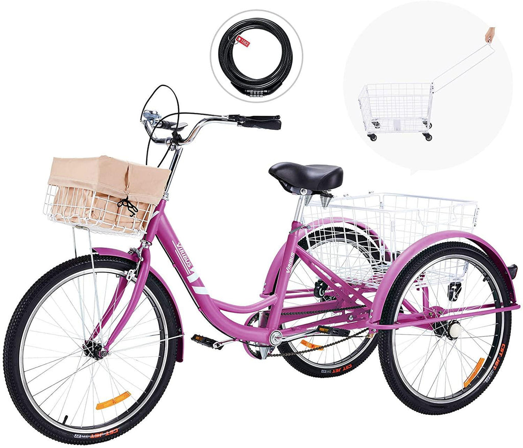 Viribus Adult Three Wheel Tricycle Single Speed Hybrid Cargo Cruiser Trike Bike with Removable Wheeled Basket Bell for Shopping or Dogs Dustproof Bag Exercise Bicycle (Purple/24)