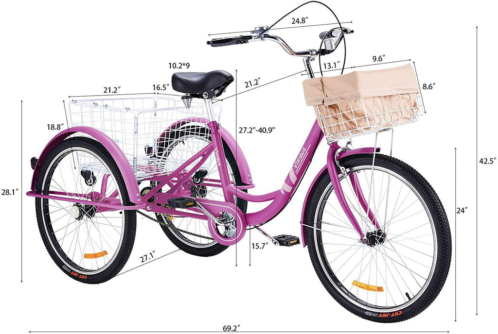 Viribus Adult Three Wheel Tricycle Single Speed Hybrid Cargo Cruiser Trike Bike with Removable Wheeled Basket Bell for Shopping or Dogs Dustproof Bag Exercise Bicycle (Purple/24)