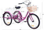 Viribus Adult Three Wheel Tricycle Single Speed Hybrid Cargo Cruiser Trike Bike with Removable Wheeled Basket Bell for Shopping or Dogs Dustproof Bag Exercise Bicycle (Purple/24)