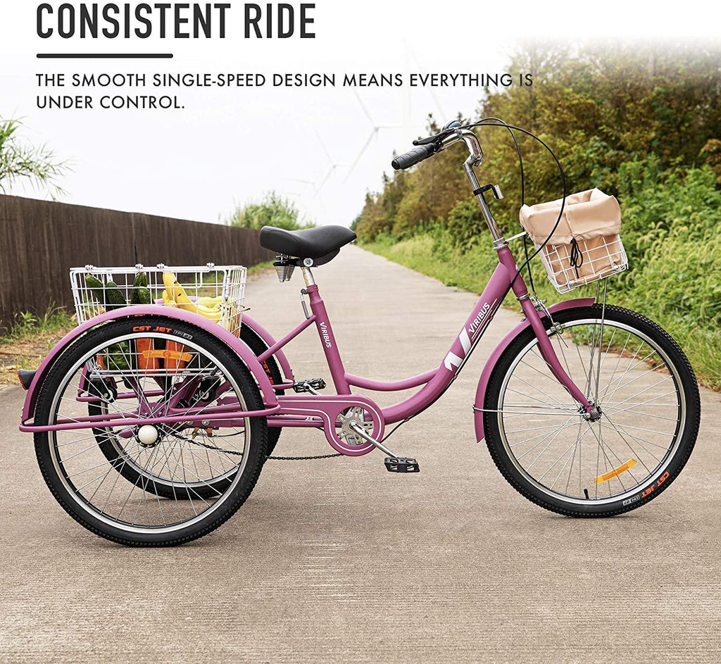 Viribus Adult Three Wheel Tricycle Single Speed Hybrid Cargo Cruiser Trike Bike with Removable Wheeled Basket Bell for Shopping or Dogs Dustproof Bag Exercise Bicycle (Purple/24)