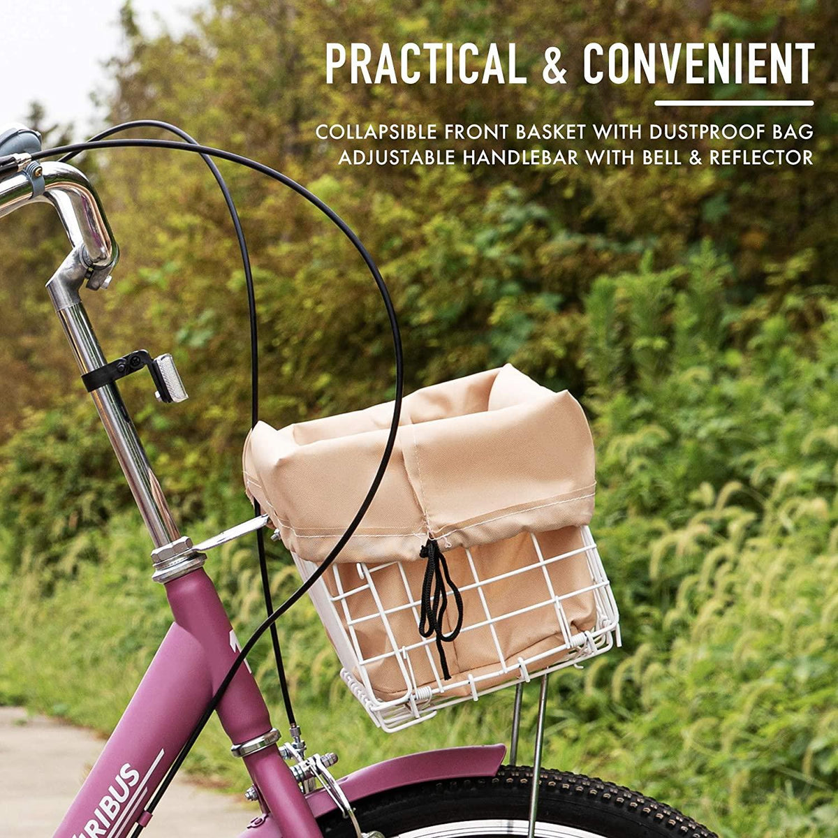 Viribus Adult Three Wheel Tricycle Single Speed Hybrid Cargo Cruiser Trike Bike with Removable Wheeled Basket Bell for Shopping or Dogs Dustproof Bag Exercise Bicycle (Purple/24)