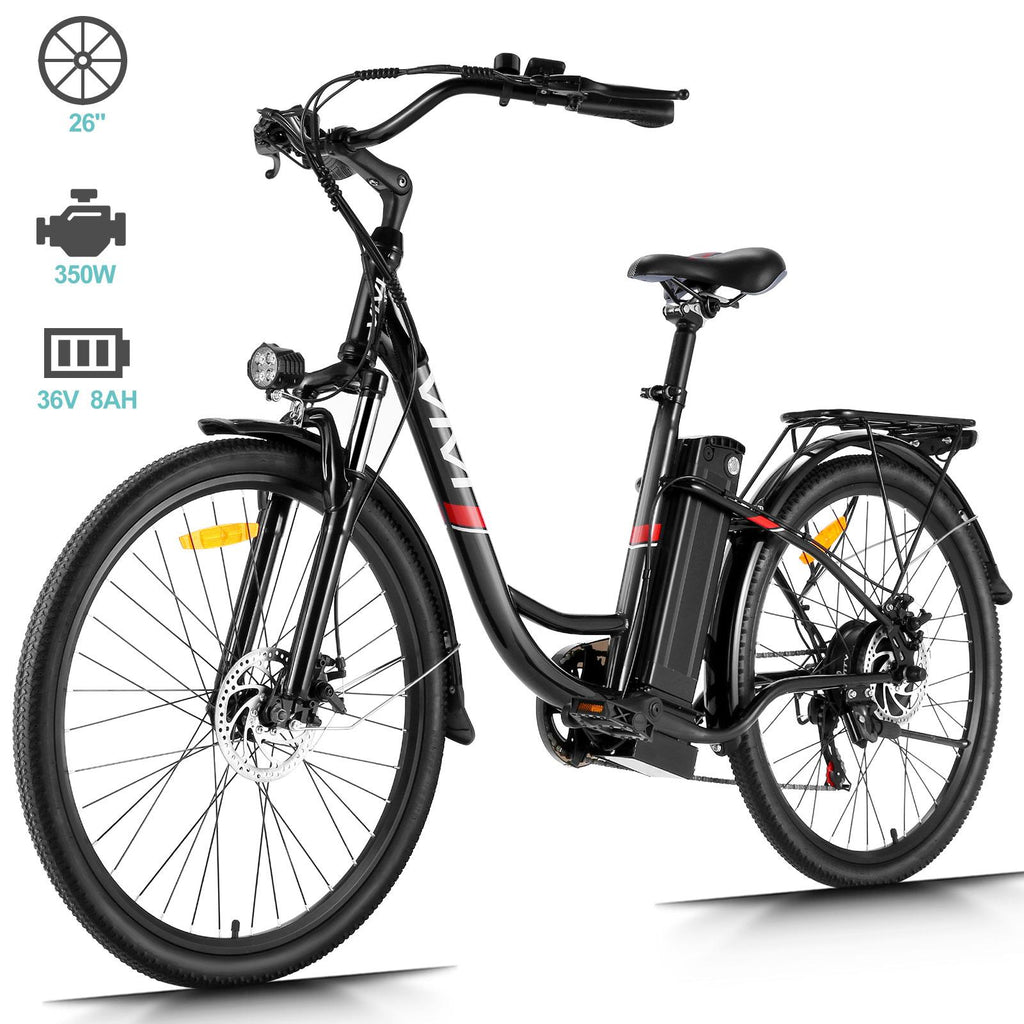 VIVI 350W 26" 25 Miles Electric Bike Adjustable Comfortable Cruiser and Hybrid Bicycle wtih Double Disc Brakes, 3 Mode &amp; 7-Speed Gear, Removable Lithium-ion Battery, Headlamp Commuter Electric Bicycle