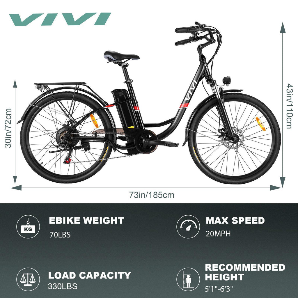VIVI 26 In. Electric Bicycle 350W Electric Hybrid Bike, 36V Adjustable Ebike for Adults, Suspension Fork,Max 50Miles/20MPH 7 Speed Gears for Men and Women Electric Commuter Bike