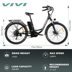 VIVI 26 In. Electric Bicycle 350W Electric Hybrid Bike, 36V Adjustable Ebike for Adults, Suspension Fork,Max 50Miles/20MPH 7 Speed Gears for Men and Women Electric Commuter Bike
