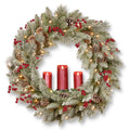 36 in. Feel Real Snowy Bristle Wreath with 100 Battery Operated LED Lights, 3 Red Electronic Candles, Berries and Cones