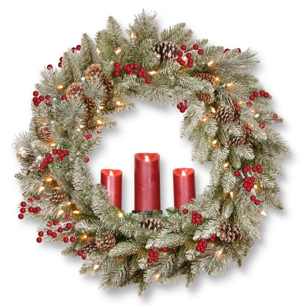 36 in. Feel Real Snowy Bristle Wreath with 100 Battery Operated LED Lights, 3 Red Electronic Candles, Berries and Cones