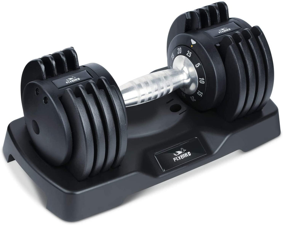 FLYBIRD Adjustable Dumbbells, 25 lb. Single Dumbbell for Men and Women with Anti-Slip Metal Handle, Fast Adjust Weight by Turning Handle, Black Dumbbell with Tray Suitable for Full Body Workout Fitness