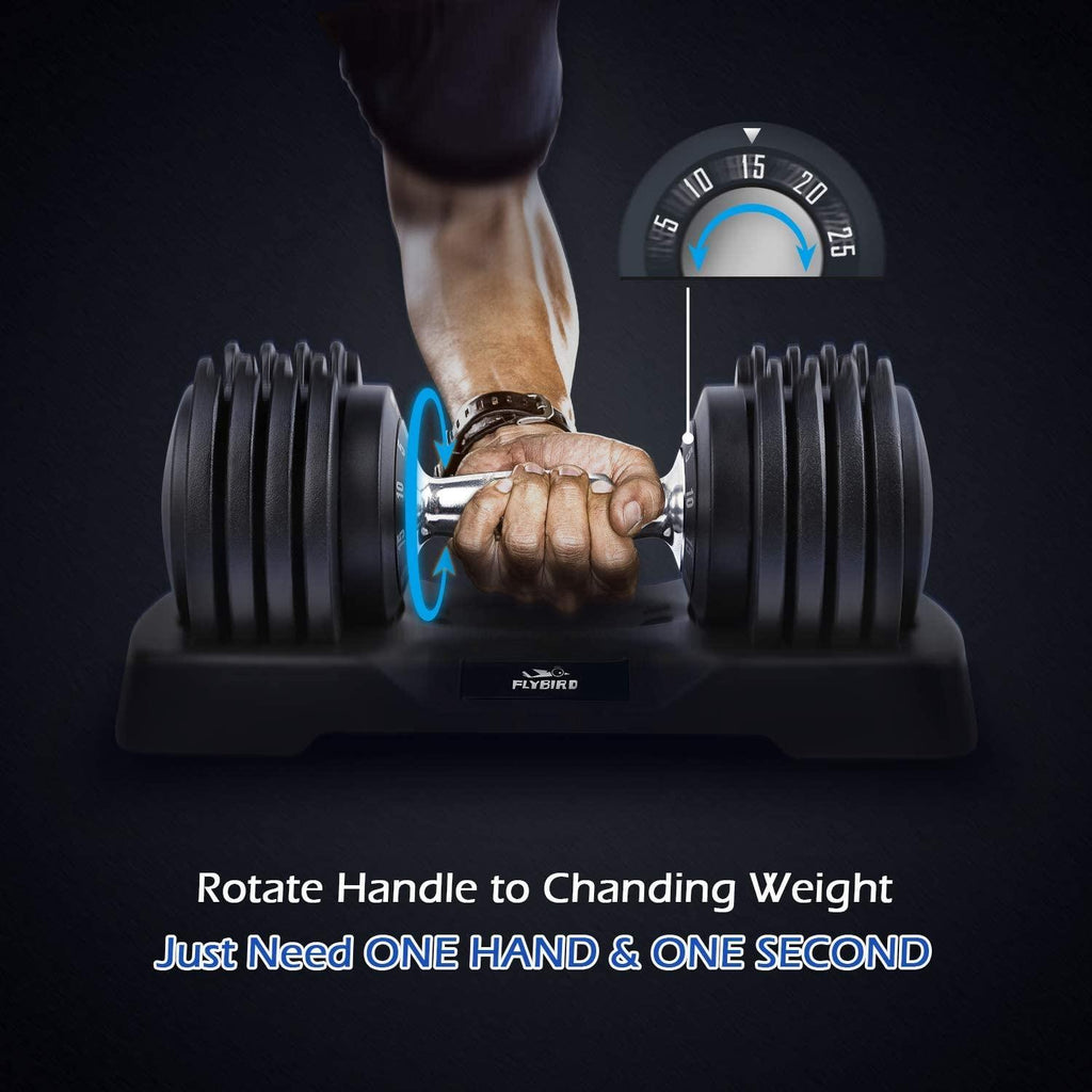 FLYBIRD Adjustable Dumbbells, 25 lb. Single Dumbbell for Men and Women with Anti-Slip Metal Handle, Fast Adjust Weight by Turning Handle, Black Dumbbell with Tray Suitable for Full Body Workout Fitness