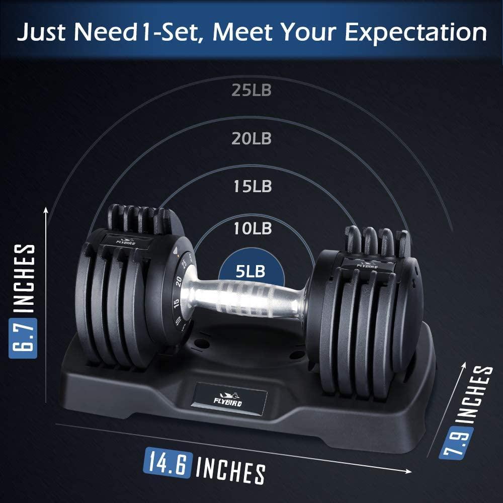 FLYBIRD Adjustable Dumbbells, 25 lb. Single Dumbbell for Men and Women with Anti-Slip Metal Handle, Fast Adjust Weight by Turning Handle, Black Dumbbell with Tray Suitable for Full Body Workout Fitness