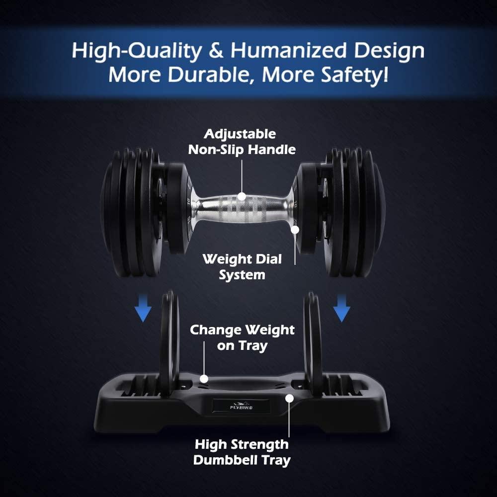 FLYBIRD Adjustable Dumbbells, 25 lb. Single Dumbbell for Men and Women with Anti-Slip Metal Handle, Fast Adjust Weight by Turning Handle, Black Dumbbell with Tray Suitable for Full Body Workout Fitness