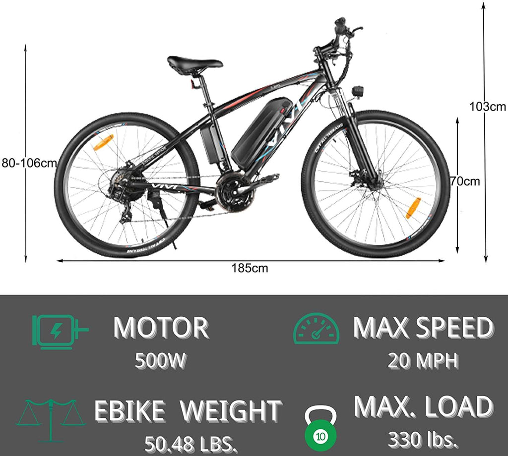 VIVI Electric Bike 500W 48V E-Bike for Adult 27.5 Inch Electric Mountain Bike with Removable 10.4Ah Lithium-Ion Battery, 21 Speed Gear Electric Bicycle Men Women