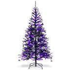 Costway 6FT Pre-Lit Hinged Halloween Tree Black w/ 250 Purple LED Lights &amp; 25 Ornaments