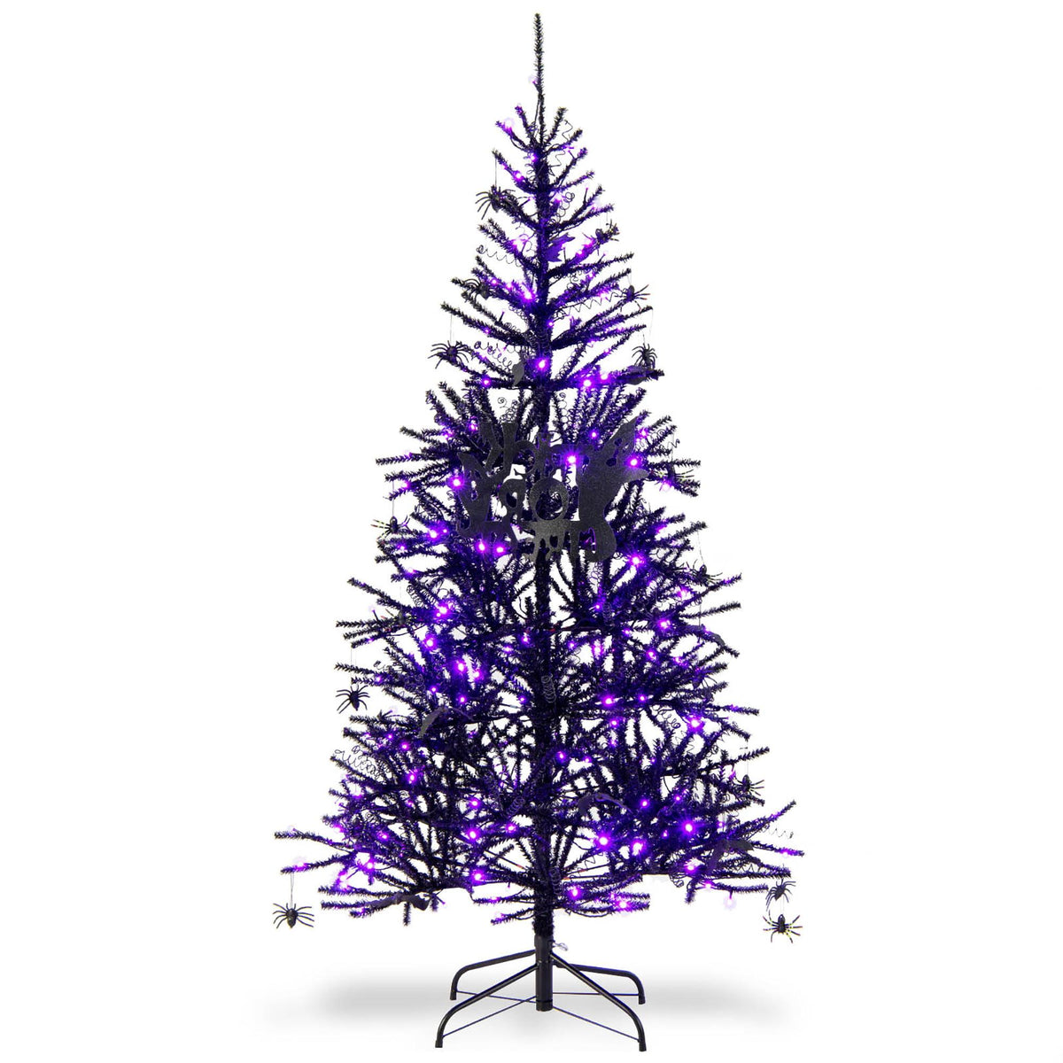 Costway 6FT Pre-Lit Hinged Halloween Tree Black w/ 250 Purple LED Lights &amp; 25 Ornaments