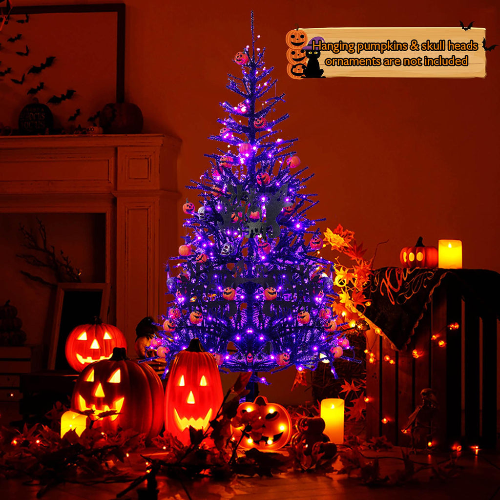 Costway 6FT Pre-Lit Hinged Halloween Tree Black w/ 250 Purple LED Lights &amp; 25 Ornaments