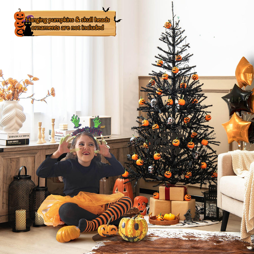 Costway 6FT Pre-Lit Hinged Halloween Tree Black w/ 250 Purple LED Lights &amp; 25 Ornaments