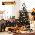 Costway 6FT Pre-Lit Hinged Halloween Tree Black w/ 250 Purple LED Lights &amp; 25 Ornaments