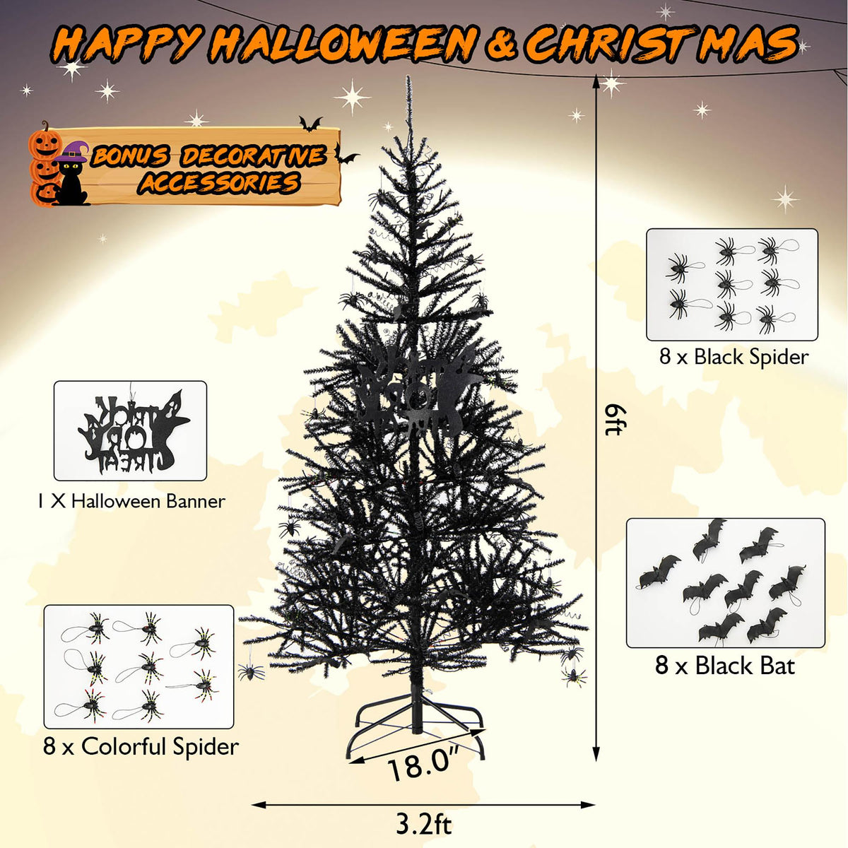 Costway 6FT Pre-Lit Hinged Halloween Tree Black w/ 250 Purple LED Lights &amp; 25 Ornaments