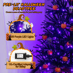 Costway 6FT Pre-Lit Hinged Halloween Tree Black w/ 250 Purple LED Lights &amp; 25 Ornaments