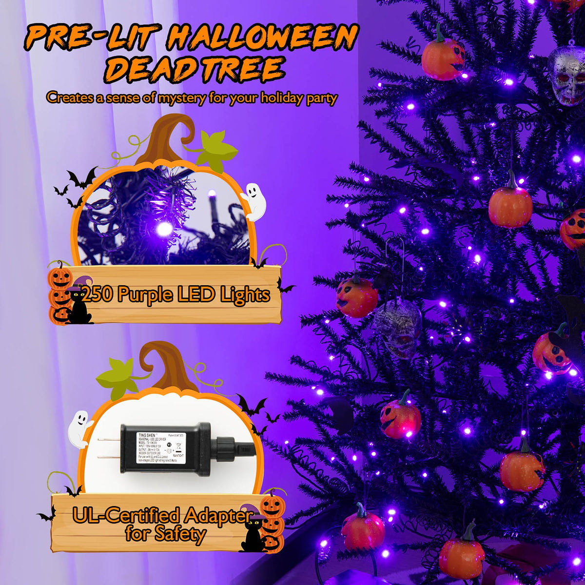 Costway 6FT Pre-Lit Hinged Halloween Tree Black w/ 250 Purple LED Lights &amp; 25 Ornaments
