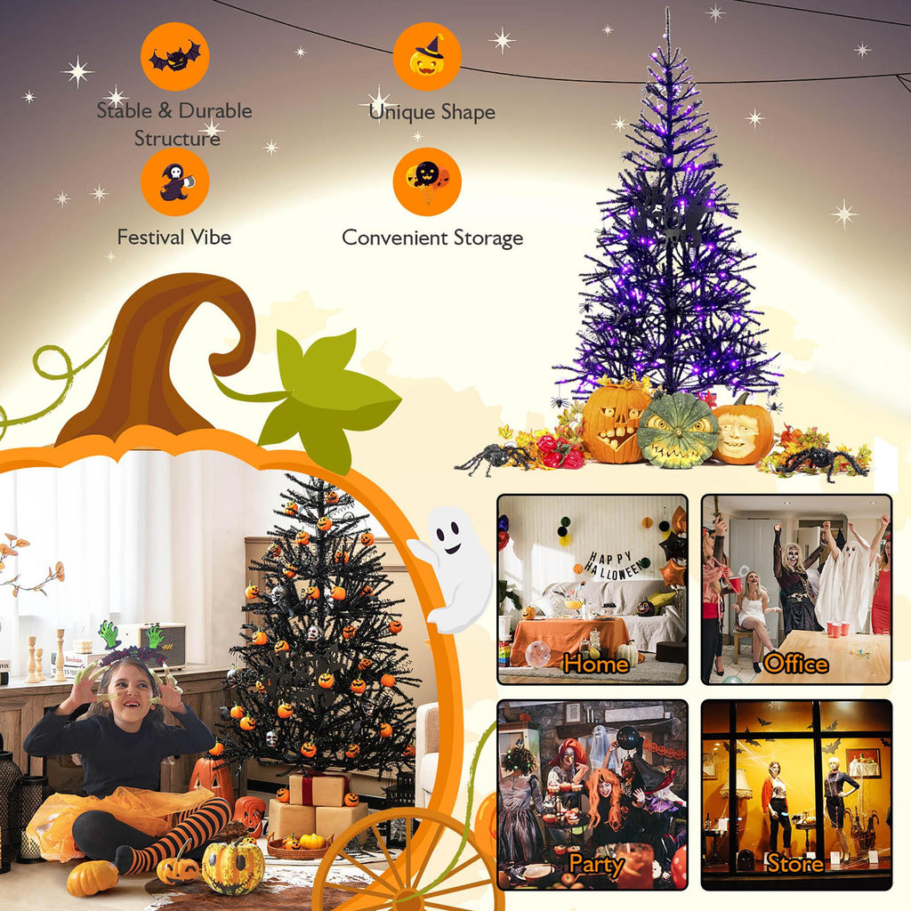 Costway 6FT Pre-Lit Hinged Halloween Tree Black w/ 250 Purple LED Lights &amp; 25 Ornaments