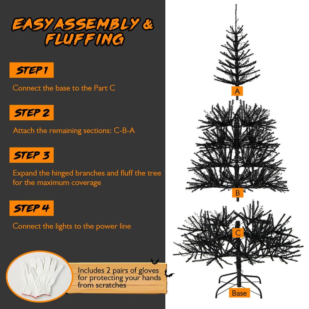 Costway 6FT Pre-Lit Hinged Halloween Tree Black w/ 250 Purple LED Lights &amp; 25 Ornaments