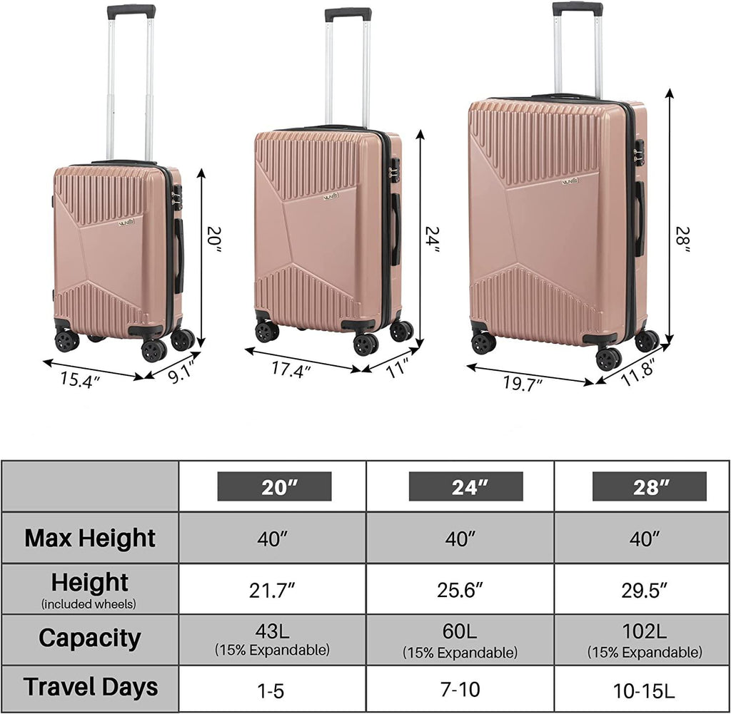 Luggage Set PC+ABS, Hardshell Expandable Suitcase W/Spinner Wheel &amp; TSA Lock, 3 Piece Set (20/24/28) (Rose Gold)