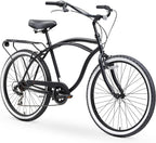 reezero Around Block Men's 7-Speed Beach Cruiser Bicycle, 26" Wheels, Matte Black with Black Seat and Grips