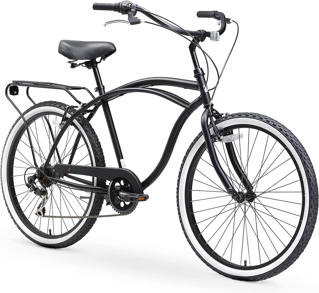 reezero Around Block Men's 7-Speed Beach Cruiser Bicycle, 26" Wheels, Matte Black with Black Seat and Grips