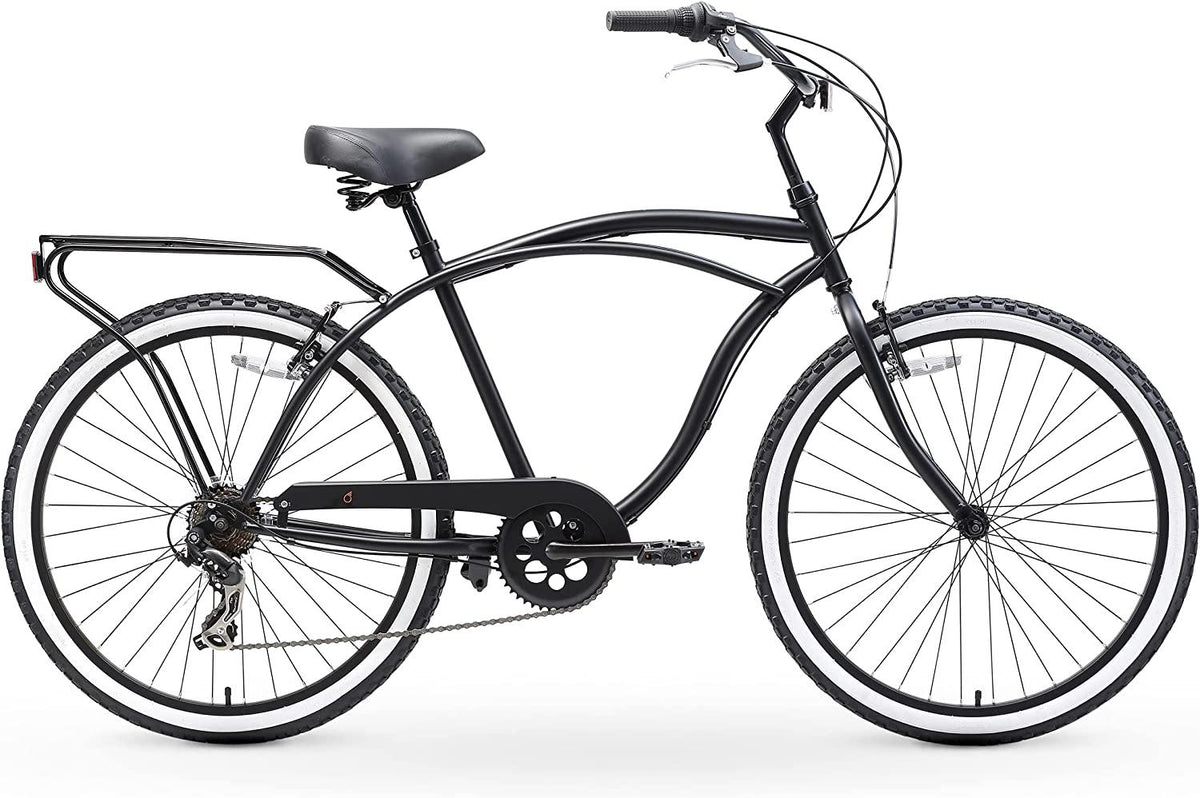 reezero Around Block Men's 7-Speed Beach Cruiser Bicycle, 26" Wheels, Matte Black with Black Seat and Grips