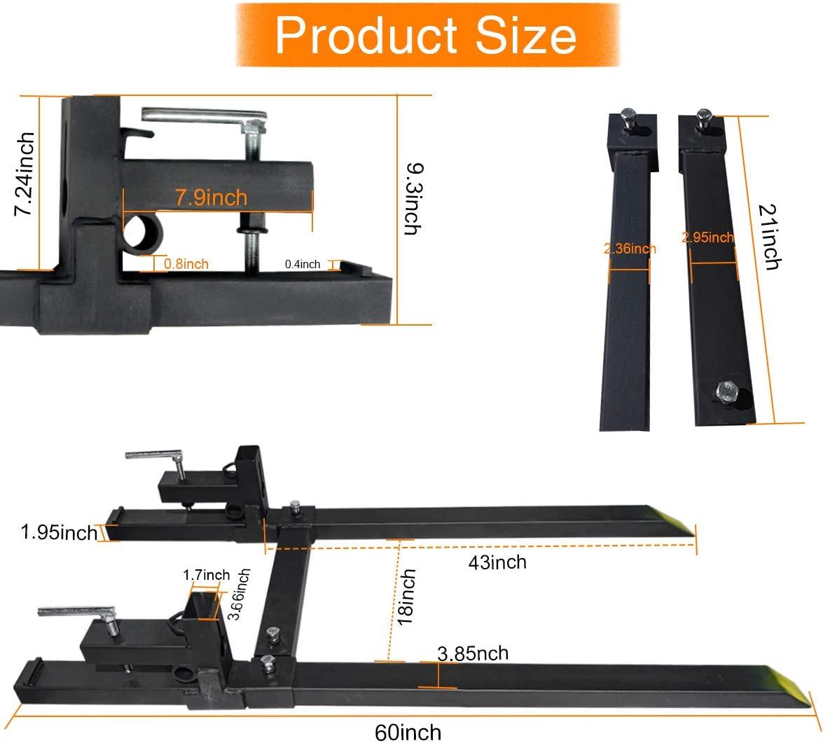 sulythw clamp on pallet fork 60" 4500lbs capacity with adjustable stabilizer bar 18" to 34" w heavy duty for loader bucket skid steer tractor