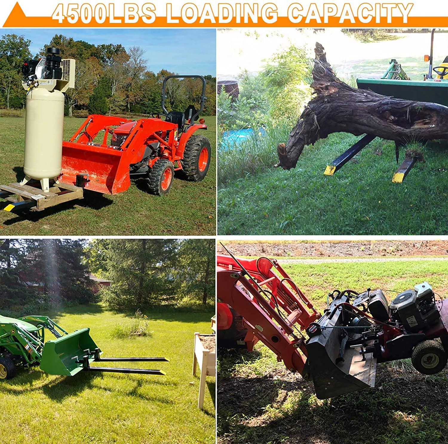 sulythw clamp on pallet fork 60" 4500lbs capacity with adjustable stabilizer bar 18" to 34" w heavy duty for loader bucket skid steer tractor
