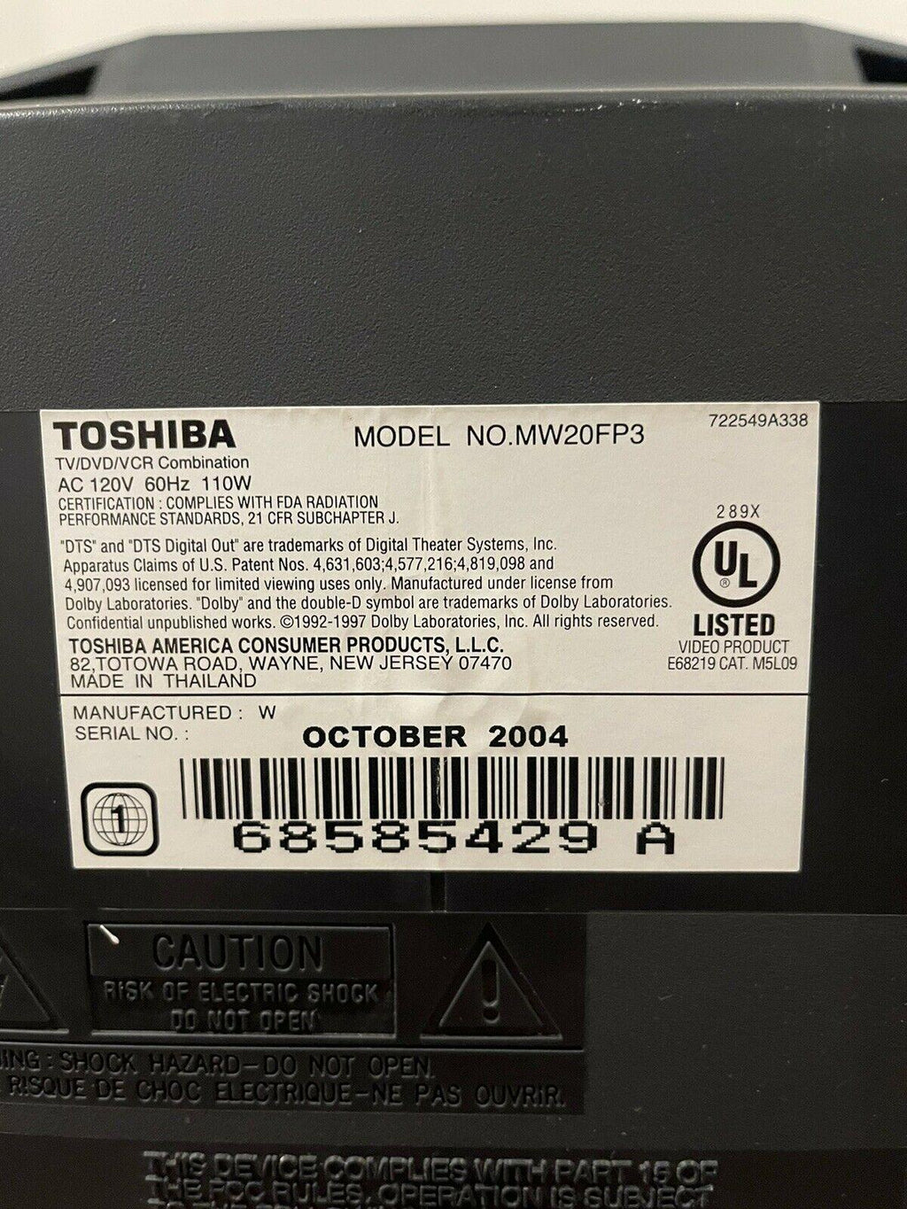 toshiba mw20fp3 20"stereo  tv/dvd/vcr/rec combo video gaming game retro *working