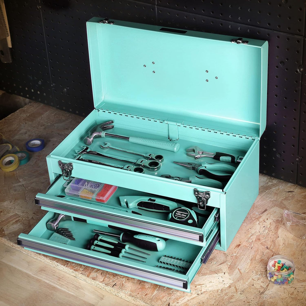 Metal Tool Box with Drawers, Storaand Organization Tool Chest, Powder Coat Finish, 18.1 x 8.7 x 9.5 in, Turquoise