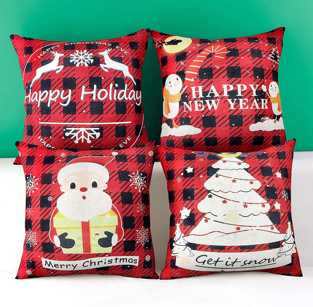 Christmas Pillows 18 x 18 inch 4 Piece Set Holiday Decoration Winter Decoration Green and red Buffalo Plaid Rustic Linen Printed Christmas Sofa Decorative Pillowcase