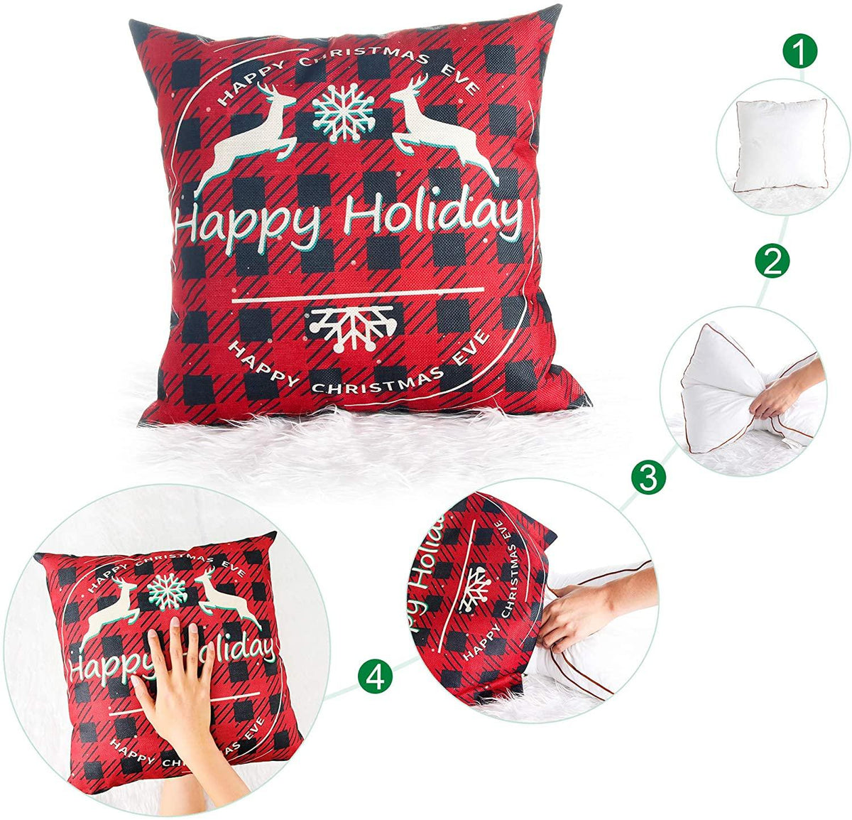 Christmas Pillowcase 1818 inch 4PCS Winter Decoration Buffalo Plaid Linen Print Santa Claus Christmas Tree Snowman elk Ornaments Sofa Decorative Pillowcase Invisible Zipper Square Pillowcase