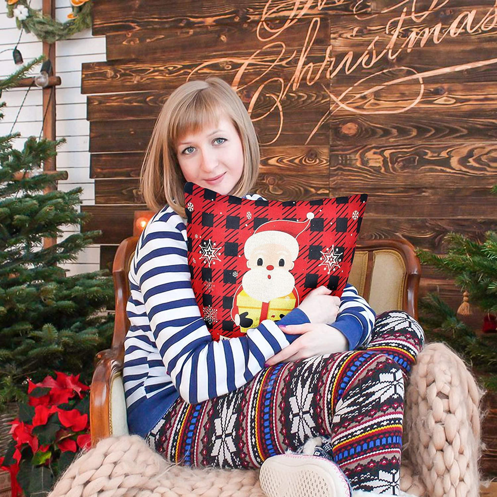 Christmas Pillowcase 1818 inch 4PCS Winter Decoration Buffalo Plaid Linen Print Santa Claus Christmas Tree Snowman elk Ornaments Sofa Decorative Pillowcase Invisible Zipper Square Pillowcase